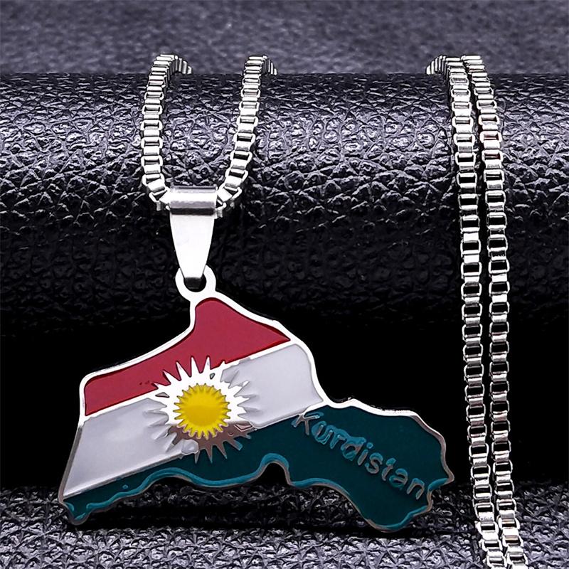 Hip Hop Kurdistan Map Necklace Women Men Stainless Steel Chain Trendy National Flag of Kurdish Pendant Necklaces Jewelry Gifts