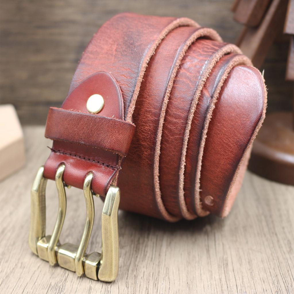 Thickened Double-needle Buckle Belt, Men's Genuine Leather Top Layer Cowhide, Retro Casual and Trendy, Versatile Youth Denim Belt