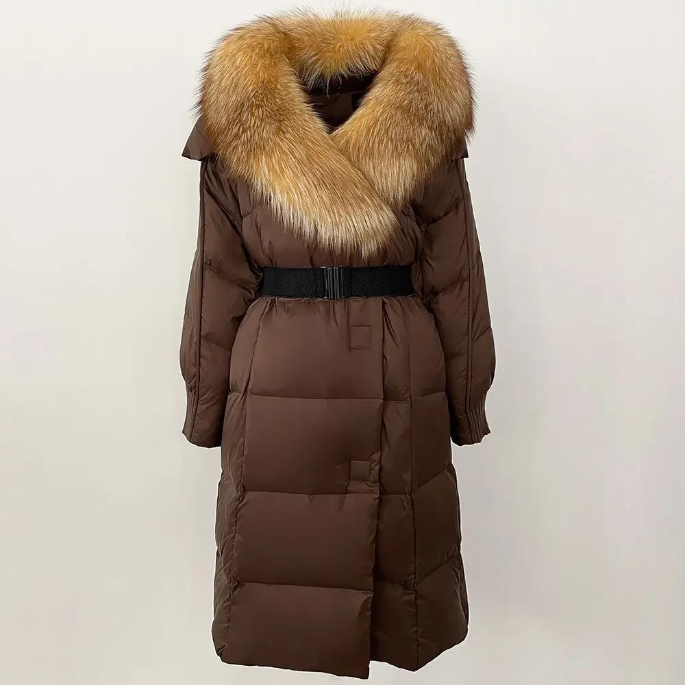 OFTBUY Winter Jacket Women Long Natural Real Raccoon Fox Fur Collar White Duck Down Coat Belt Thick Warm Casual Outerwear