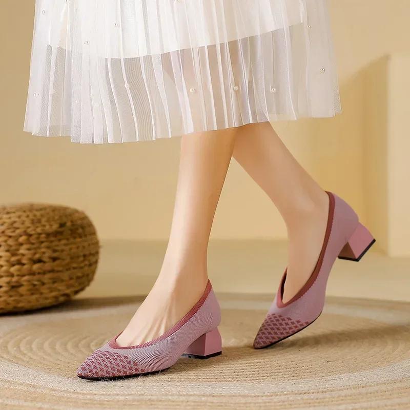 Fashion Spring and Autumn Women High Shoes 2025 New Fashion Pointed Knitting Breathable Comfortable Anti-skid Rubber Soled Work Shoes