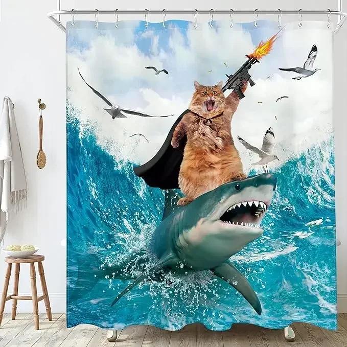 Funny Shower Curtains Bathroom Curtain With Hooks Decor Waterproof Cute Cat Dinosaur Bath Polyester Fabric