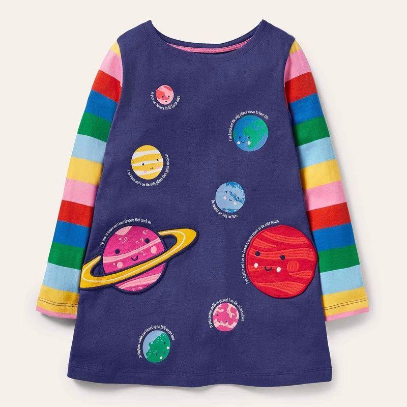 Fashion Style Baby Girl Long Sleeves Dress Autumn Clothes Girl T-shirt Shirt Dress Kids Children Dark Blue Planet A- line Skirt Dark Blue 2Y/90 Size Recommended Height 80-90cm
