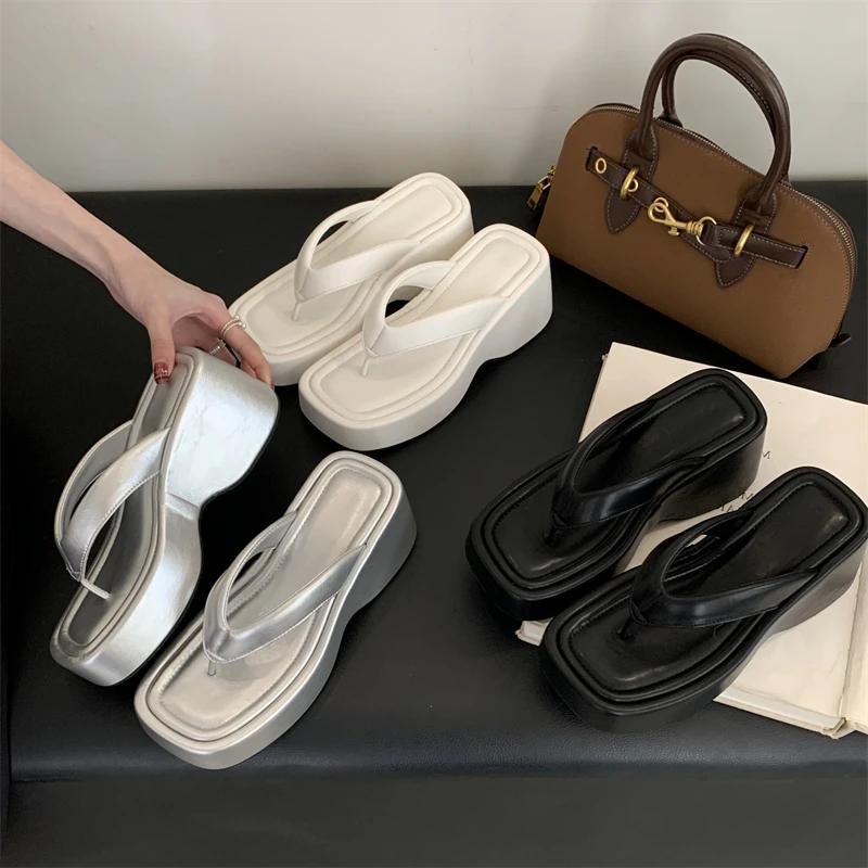 Eilyken High Quality Summer Square Clip Toe Platform  Wedges Women Slippers Thick Heels Flip Flops Slide Shoes