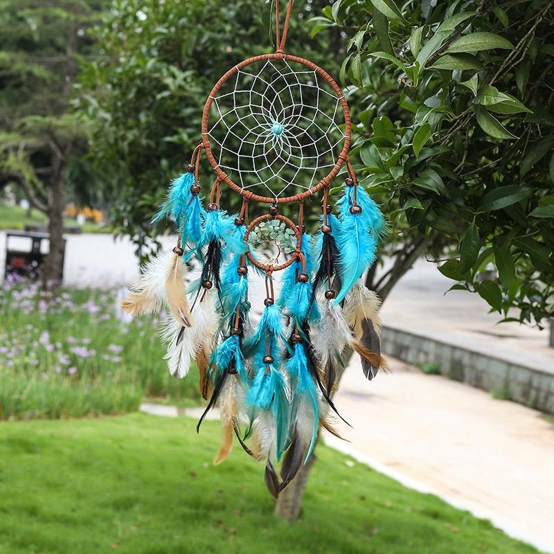 Vintage Bohemian Blue Feathers Dream Catcher Large Wind Chimes Wall Hanging Handmade Ornaments Home Decorations For Girls Gifts