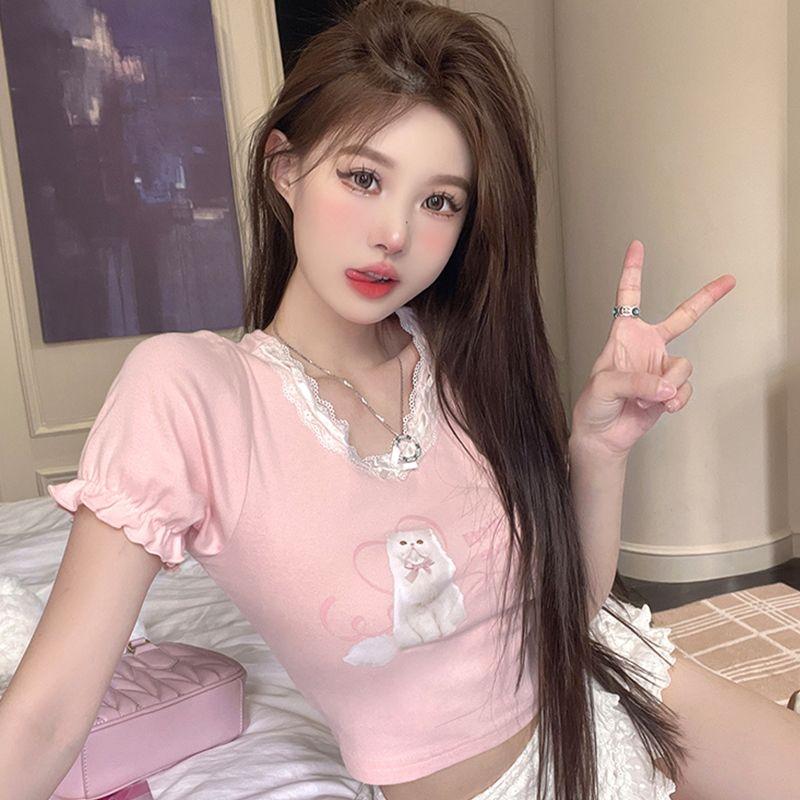 

Girls Cute Lace T-shirts White Pink Tees Short Sleeve Design Girls Friend Tops L рожевий