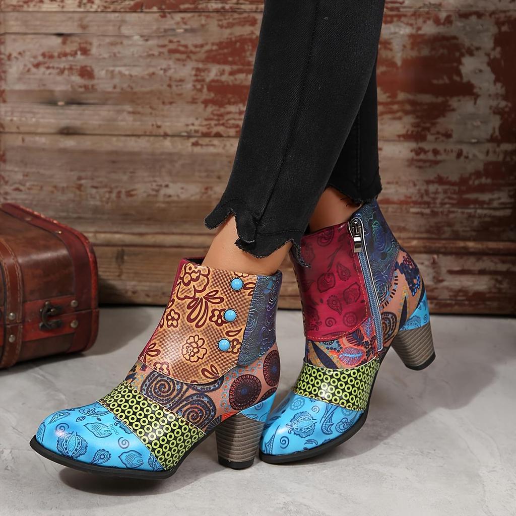 Stivaletti alla caviglia floreali chic per donna - Chiusura con cerniera laterale senza sforzo, comodo tacco spesso, versatili per tutte le occasioni