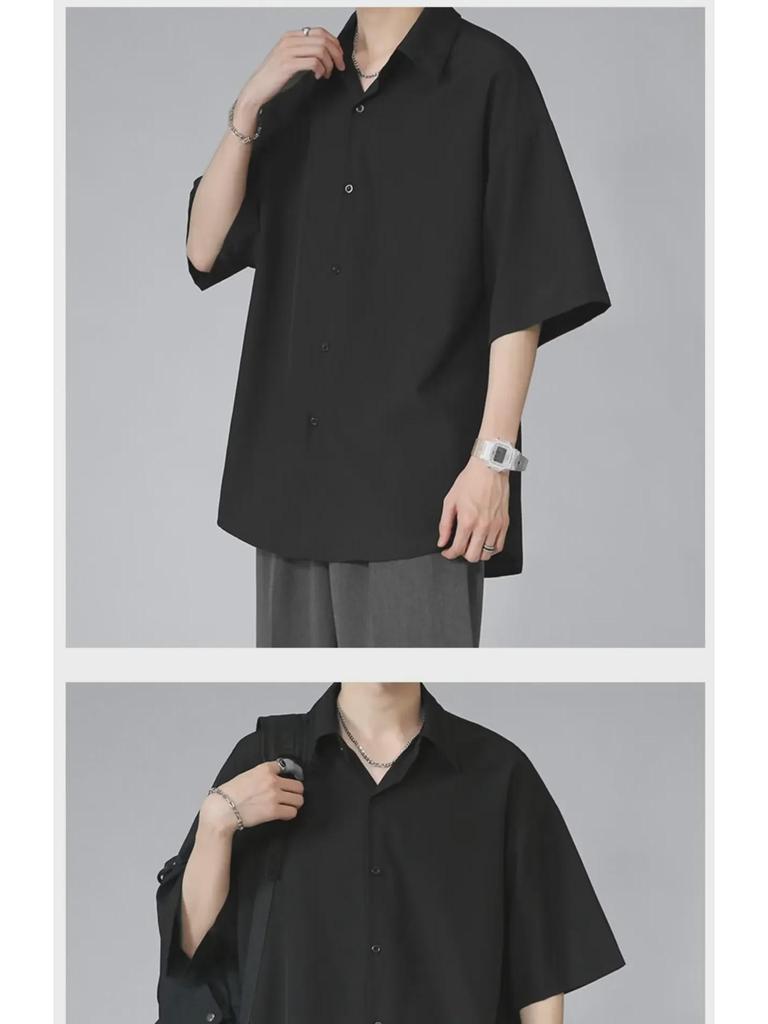 Men's Black Ice Silk Loose-Fit Short-Sleeve Shirt, Korean Style, Casual Summer Wear