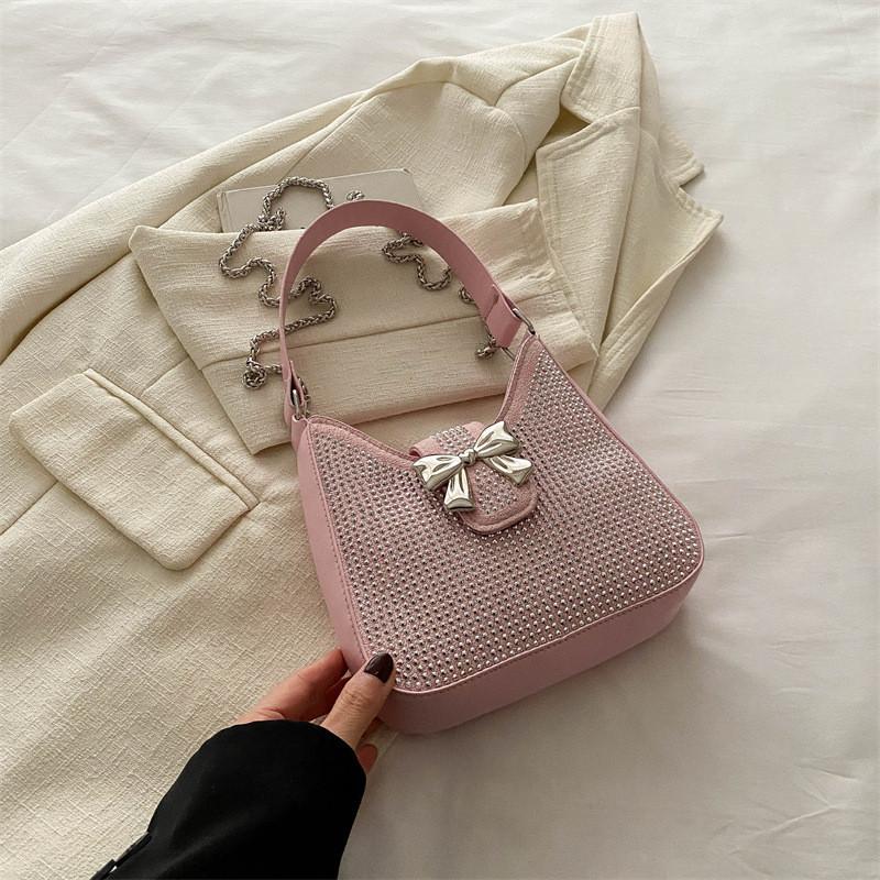 Stylish Street Trend Small Tote Bag With Rhinestone Butterfly Bow Pu Material