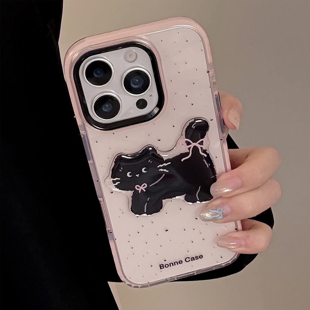 Black Pink Cartoon Suitable for IPhone 15 Apple 16pro Mobile Phone Case Max Three Dimensional Cat 1311 Sweet Cool 14