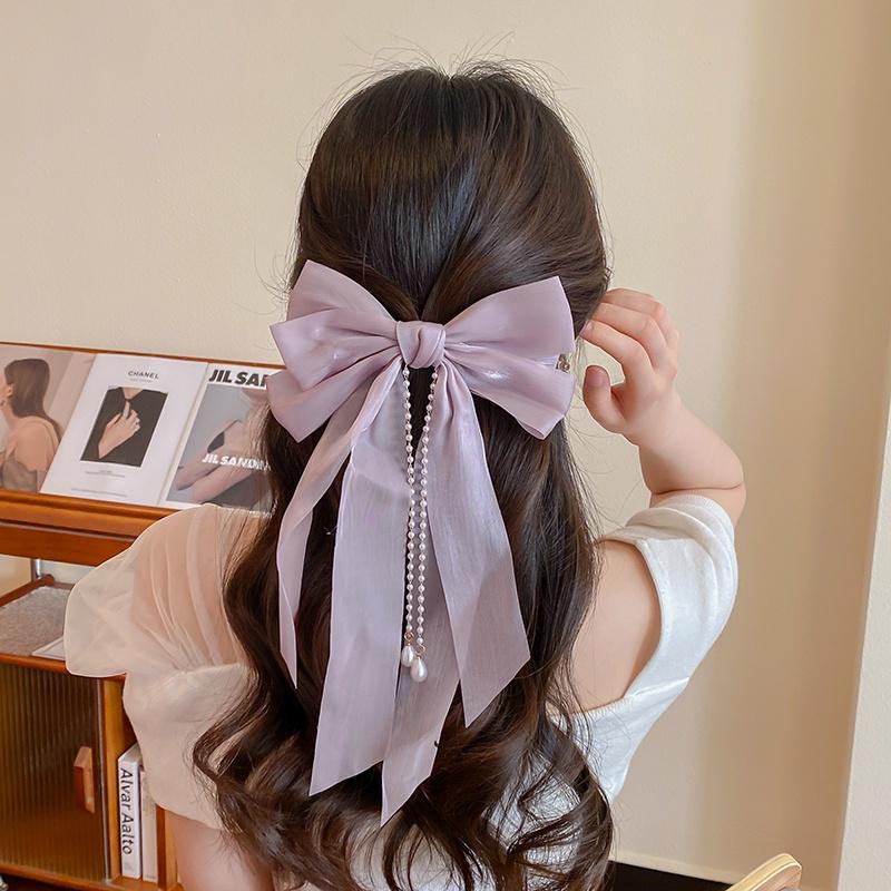 Vintage Elegant Hair Clip Three-layer Bow Pearl Chiffon Super Fairy Style Tie Hair Spring Clip Womne Fashion Hair Accessories