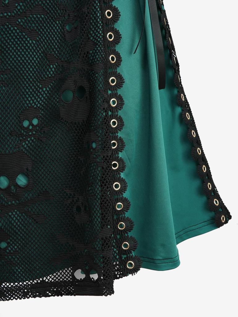 Rosegal Plus Size Skull Mesh Overlay Lace Up Layered A Line Tank Dress