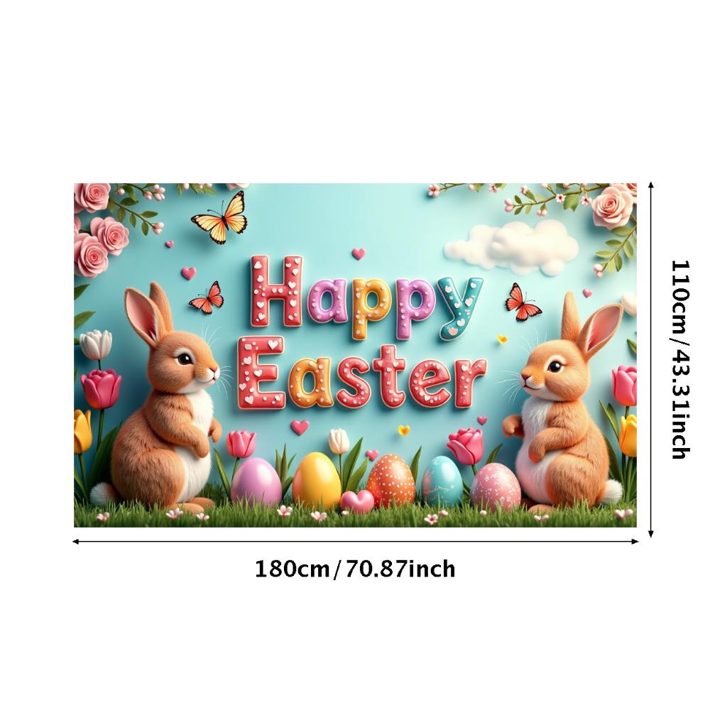 Happy Easter Banner Bunny Ears With Colorful Eggs Butterflies Backdrop Decorations Spring Celebration Background Party Supplies