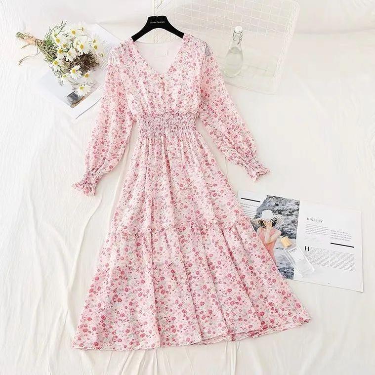 

Осень-Весна, двухслойные платья, модное женское повседневное платье трапециевидной формы с длинным рукавом с цветочным принтом и v-образным вырезом, женские шифоновые платья с подкладкой L