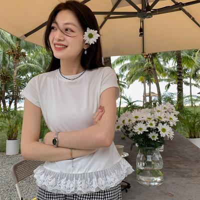 Summer Pure Cotton Lace Splicing T Shirt for Women Solid O-neck Short Sleeve T-shirts Lotus Leaf Slim Elastic Skinny White Tops
