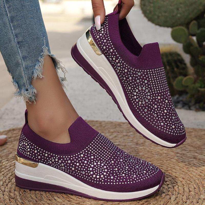 Fashion Hot Pink Shiny Crystal Knitted Sneakers for Women Fashion Wedge Comfortable Sports Shoes Woman Lightweight Slip On Running Shoes