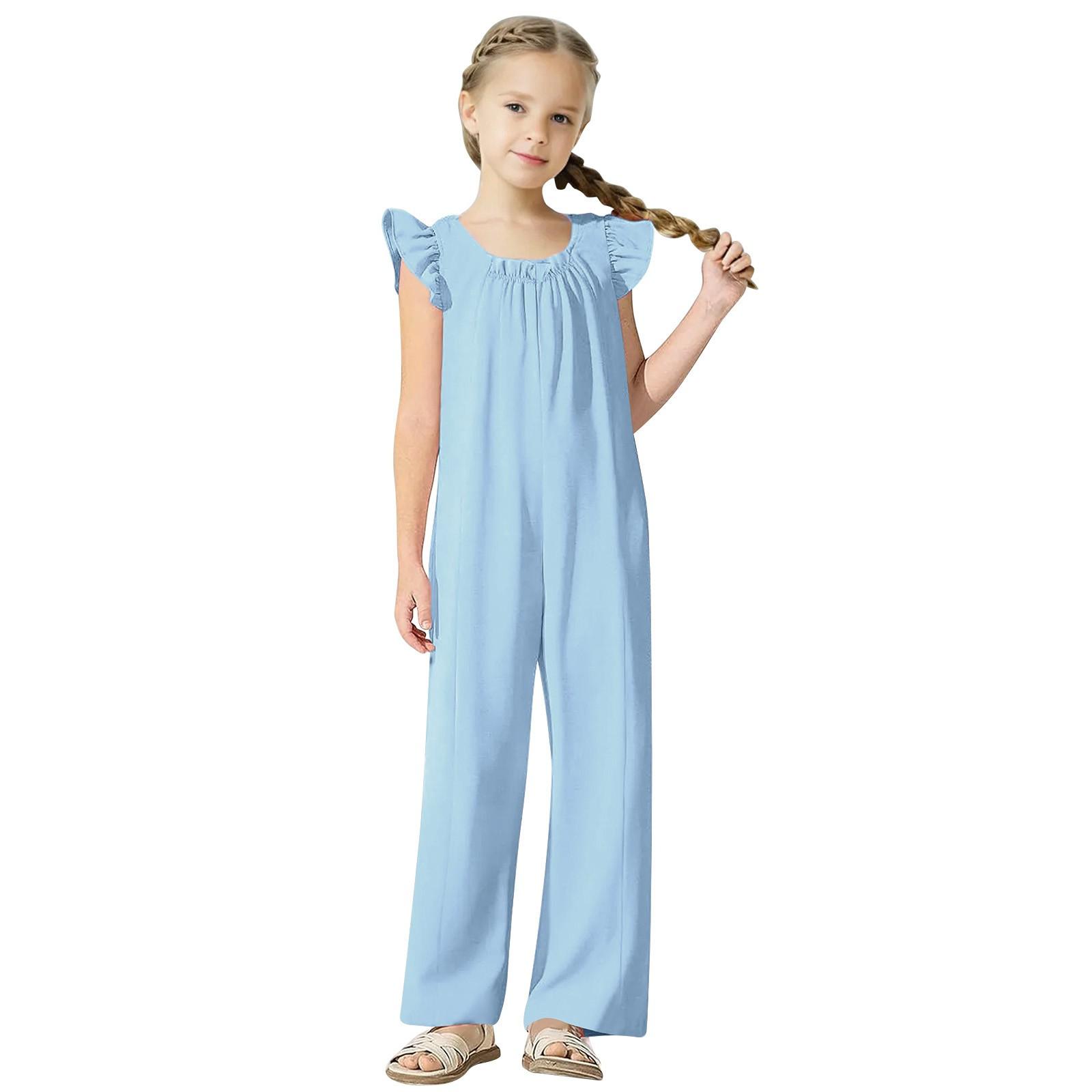 

Для девочек среднего и большого размера однотонный повседневный комбинезон с широкими штанинами и рукавами-крылышками 160 небесно-голубой