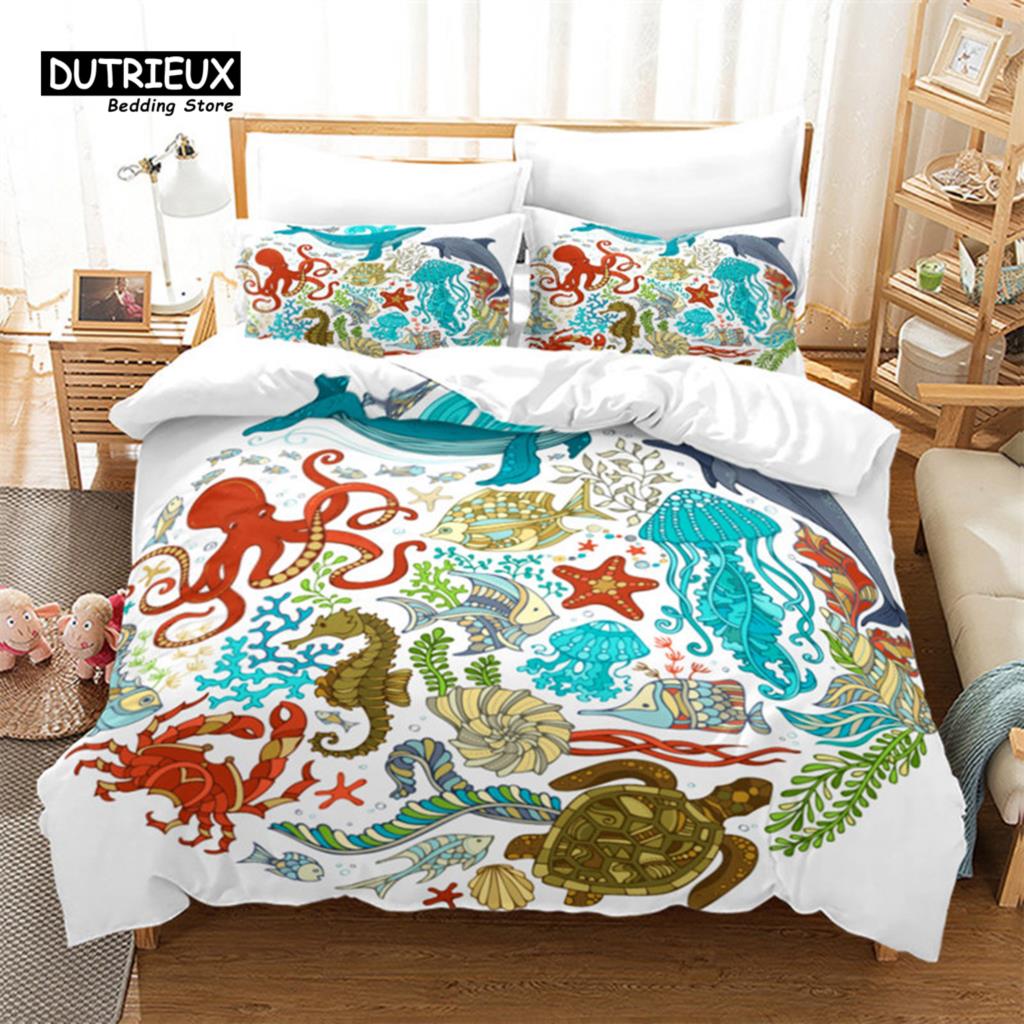 Seashell Starfish Duvet Cover Beach Theme Bedding Set Microfiber 3D Waves Comforter Cover For Kids Teens Girls Boys Room Decor