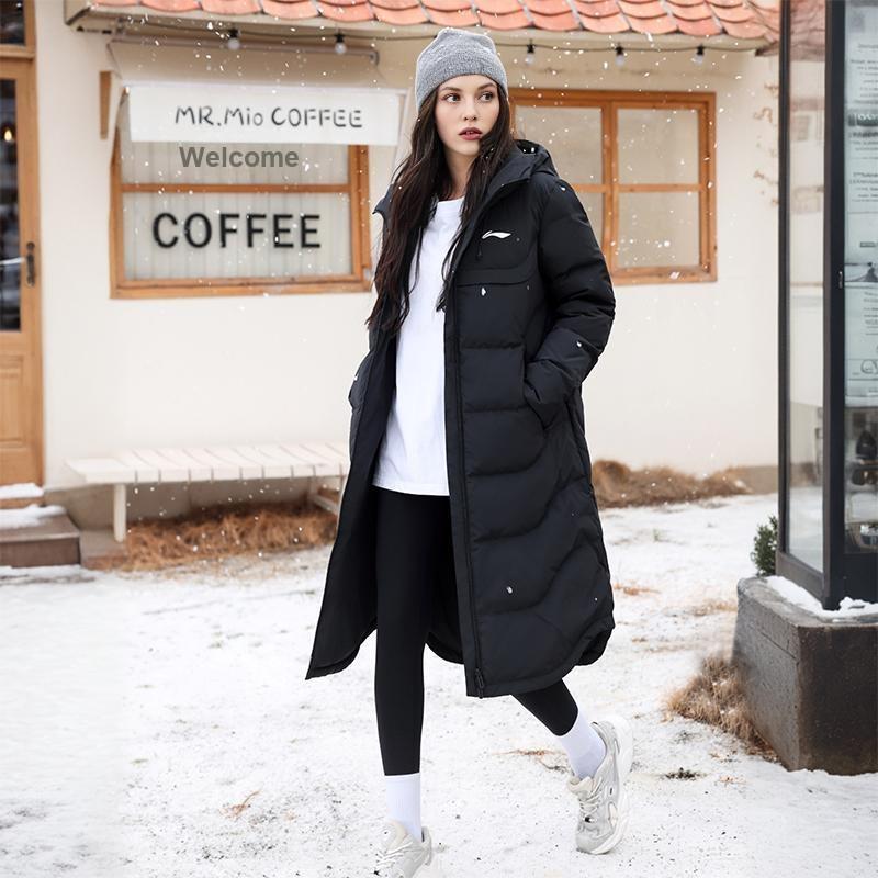 Li Ning Fitness Series Windproof Warm Loose Solid Color Thick Long Hooded Down Jacket Unisex Outerwear Black YYMU151-1