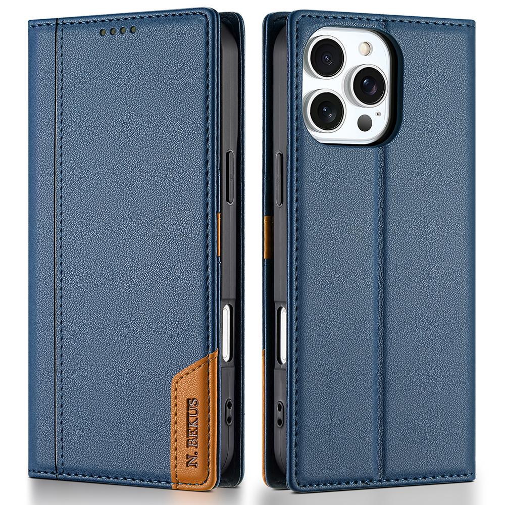 

N.BEKUS P3 For iPhone 16 Pro Case RFID Blocking Wallet Stand PU Leather Flip Phone Cover Blue