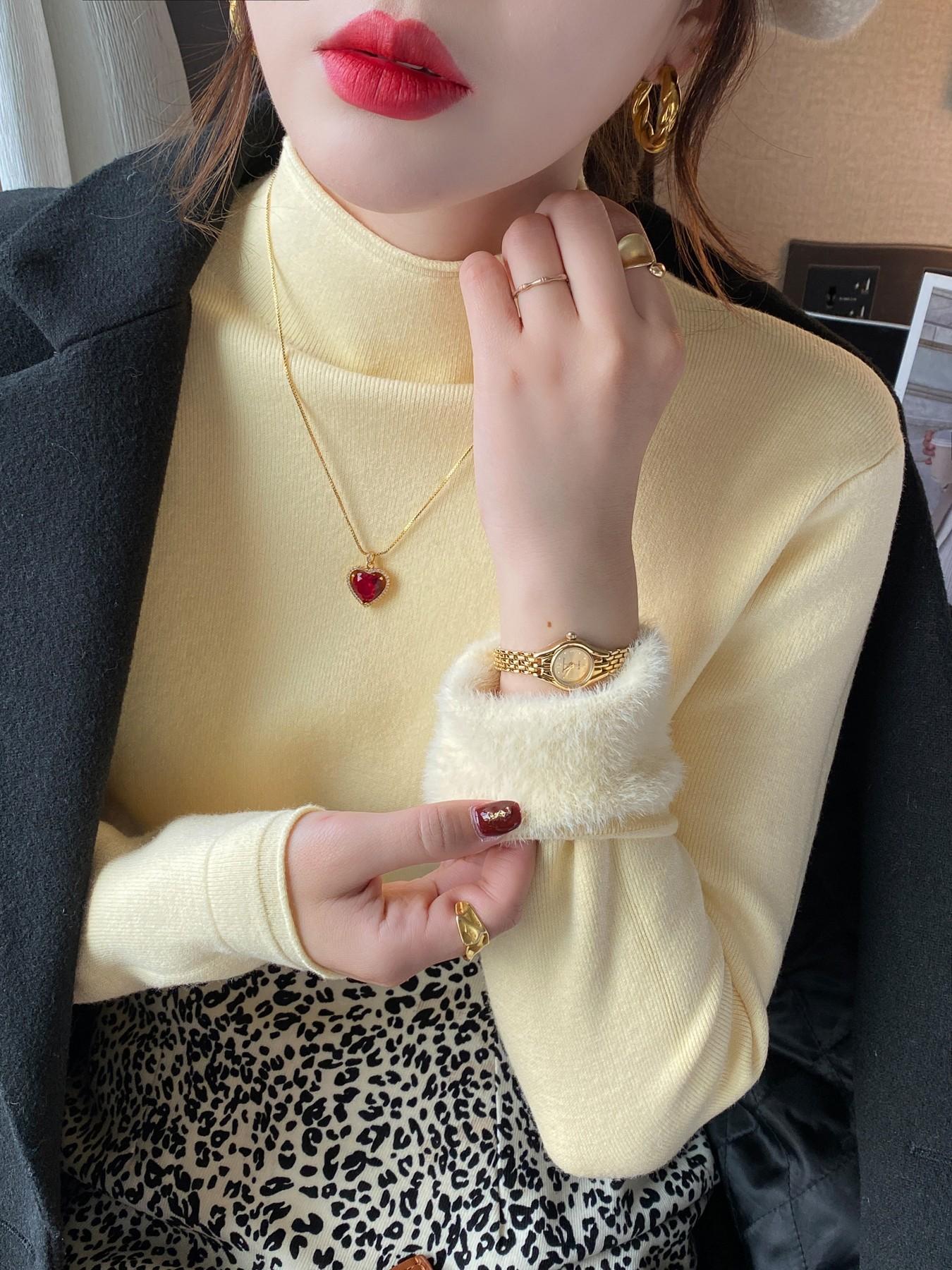 

Fleece thickened bottoming shirt women s winter new integrated fleece sweater high-end knitted top One size fits all [recommended 80-60kg] жёлтый