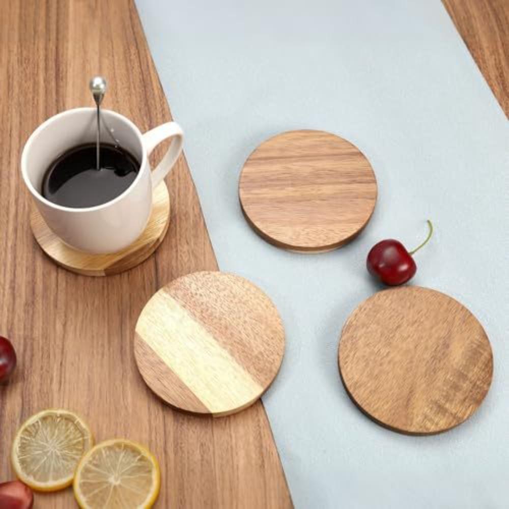 6PCS Round Insulated Cup Pad 2 in 1 Party Cup Mat Set Wood Coaster with Bottle Opener  Dining Table