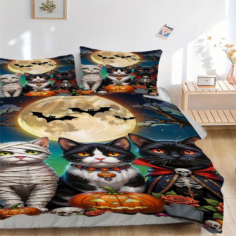 3pcs Halloween Cats Duvet Cover Set, Cover For Bedroom Guest Room (1 Duvet Cover + 2 Pillowcase, Without Quilt),  yy250922130