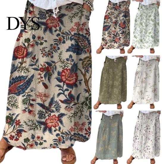 Women Summer Skirt Maxi Elastic Waist Flower Leaf Printed Casual Bohemia Style A-Line Loose Bubble Beach with Pockets A-line