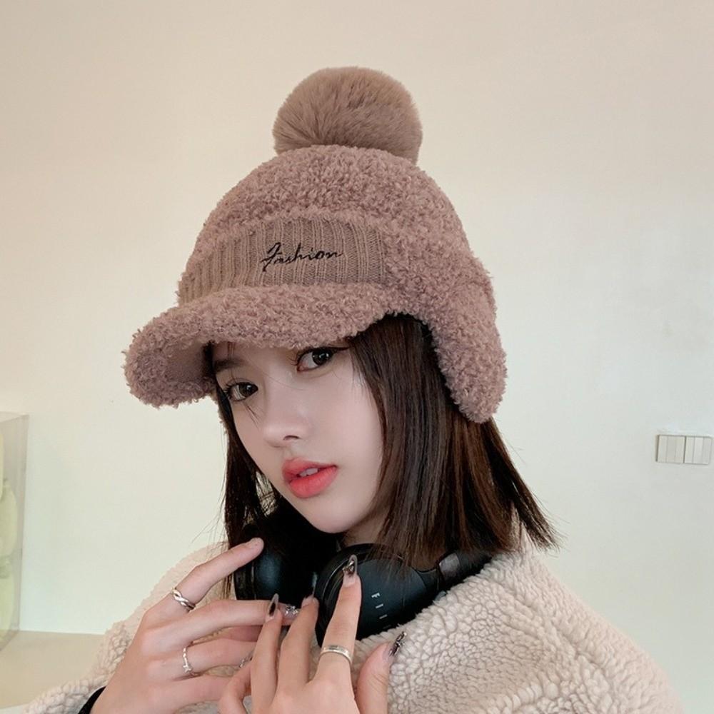 Solid Color Warm Earmuffs Cap Windproof Pompom Plush Beanie Fashion Ear Flap Protection Hat  Women