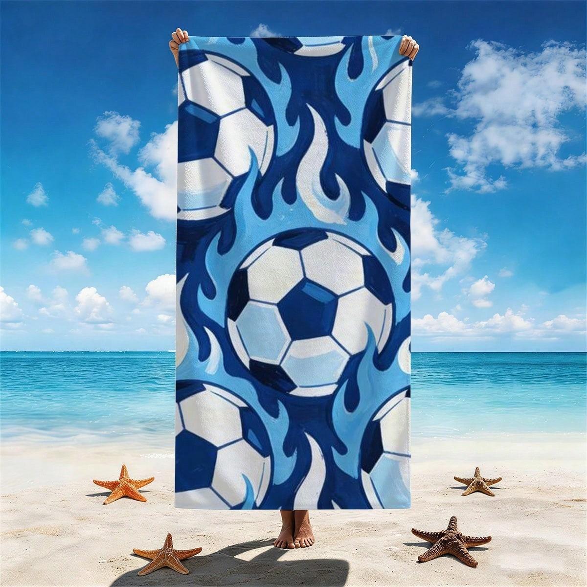 Dynamic Soccer Ball & Flame Beach Towel, Vibrant Design For Beach, Pool & Outdoor Use, Quick - Drying & Soft, Perfect For Sports W40*H60(CM)