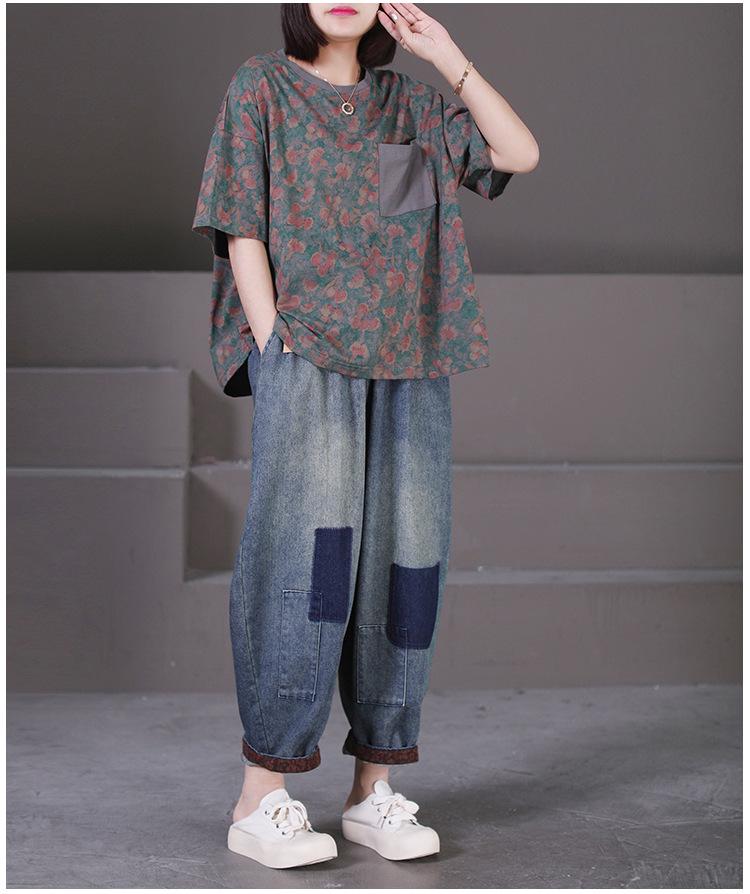 2024 Summer Plus Size Women's Retro Floral Cotton T-Shirt with Pocket