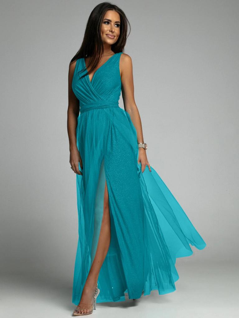 Cross-border 2023 V-Neck Waist-Cinching Sparkling Evening Gown with Slit