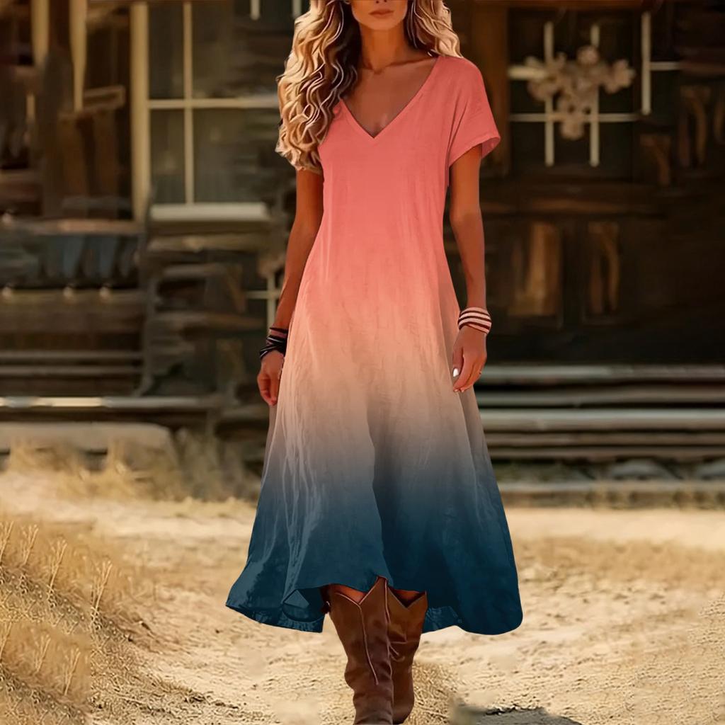 Modisches Damen Sommer V-Ausschnitt Kurzarm Farbverlauf Bedrucktes Strandkleid