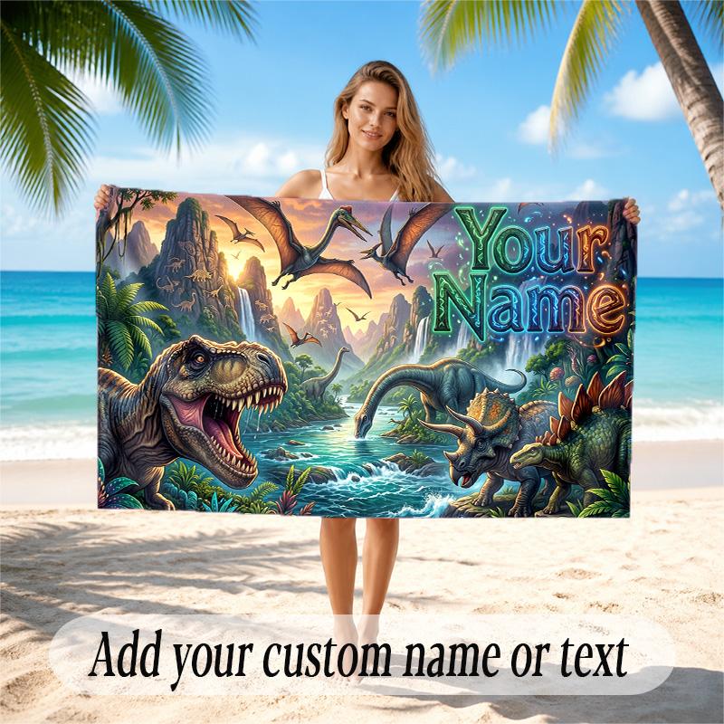 Dinosaur Theme Quick Dry Beach Towel Custom Name Text Print Large Sand Resistant Towel Beach Vacation