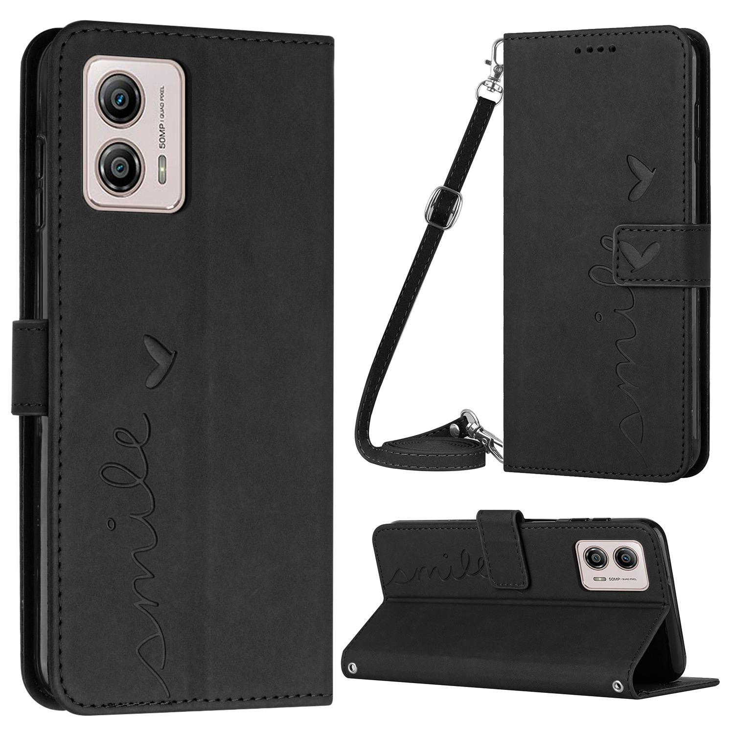 

For Motorola Moto G73 5G Wallet Stand Cover Heart Shape Phone Leather Case with Shoulder Strap Black