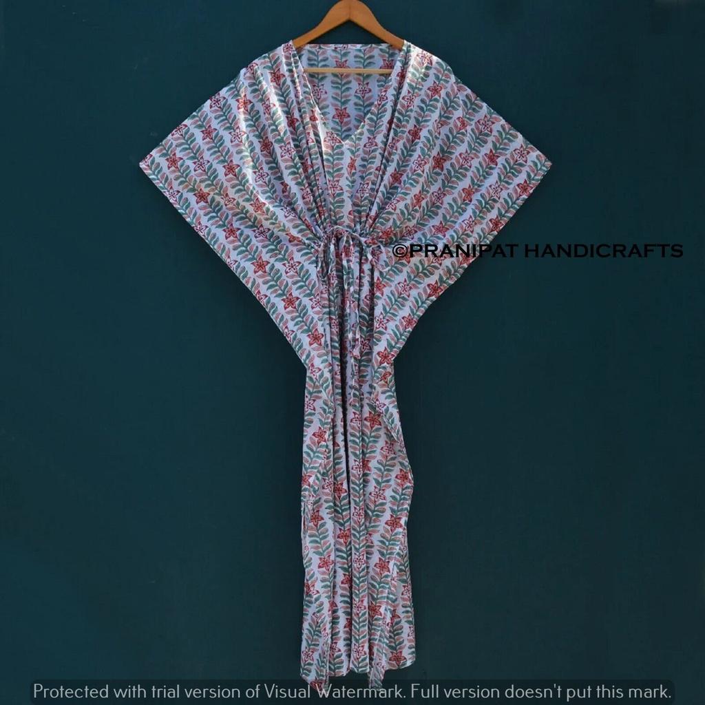 Damen Hippie Baumwolle Sommer Nachtwäsche Blumendruck Weiß Langes Maxi Kaftan Kleid CKFTN-SCRN-FULL-BUYIT-097