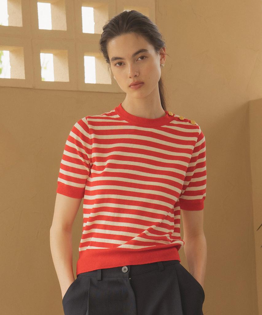 Siyajyu Sikn2073 Gold Button Stripe Knit_Red