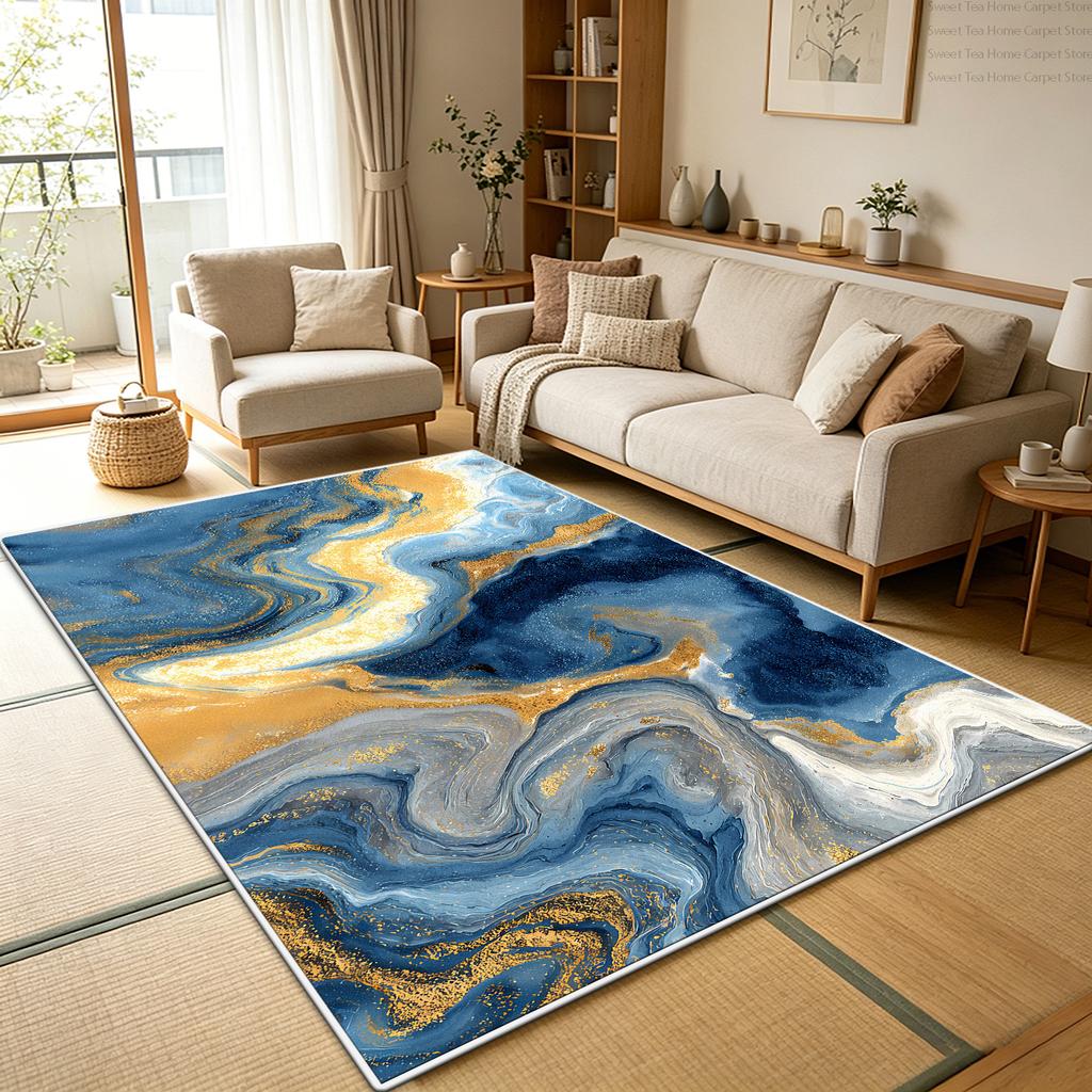 Luxury Blue Gold Marble Living Room Sofa Rug Decoration Bedroom Washable Soft Fluffy Floor Mats Kitchen Non-slip Large Carpet