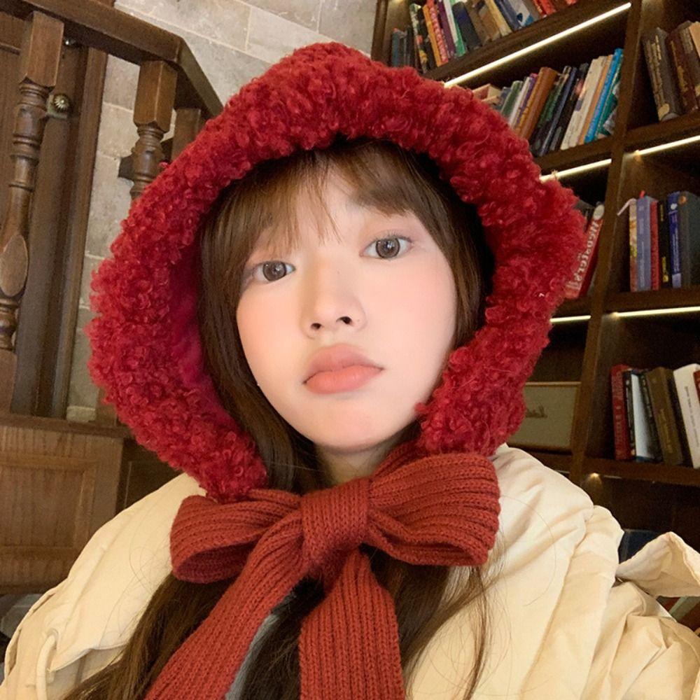 Lambswool Plush Balaclava Solid Color Pullover Hats Fashion Plush Cap  Outdoor