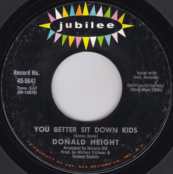 

7inch Record DONALD HEIGHT You Better Sit Down Kids Looking 455641 JUBILEE 1968 US SoulFunk Used