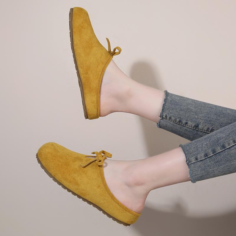 Fashion Women's Fashion Baotou Slippers Summer New Round Head Suede Butterfly Knot Soft Sole Anti-slip Wear-resistant Flat Shoes