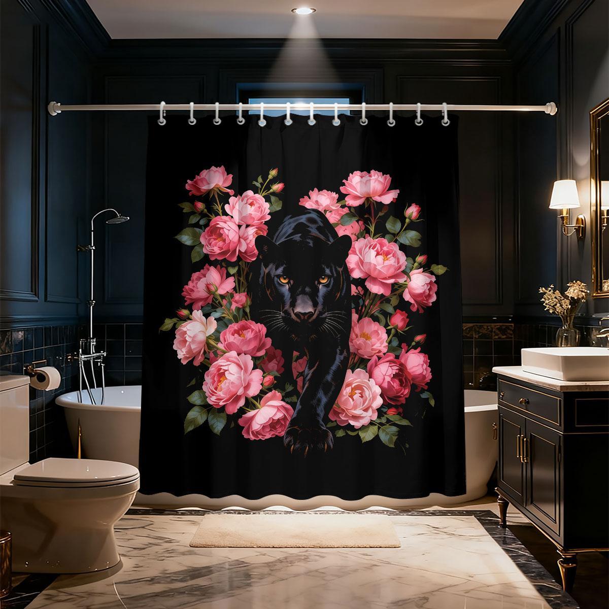 Black Panther Leopard Floral Shower Curtain 90Gsm Waterproof Rose Iris Print Bathroom Decor With Hooks W60H190(CM)-1 Pcs