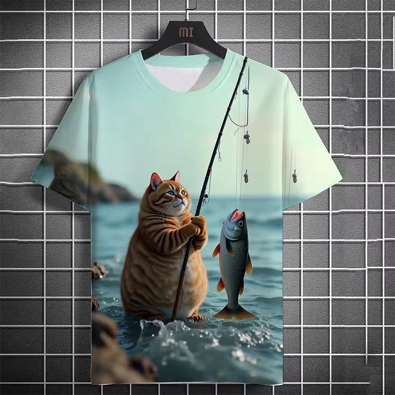 Men's T-shirt 3D Printed Funny Beach Catching Fish Kitten Printed Short Sleeve T-shirt Daily Casual Round Neck T-shirt Polyester