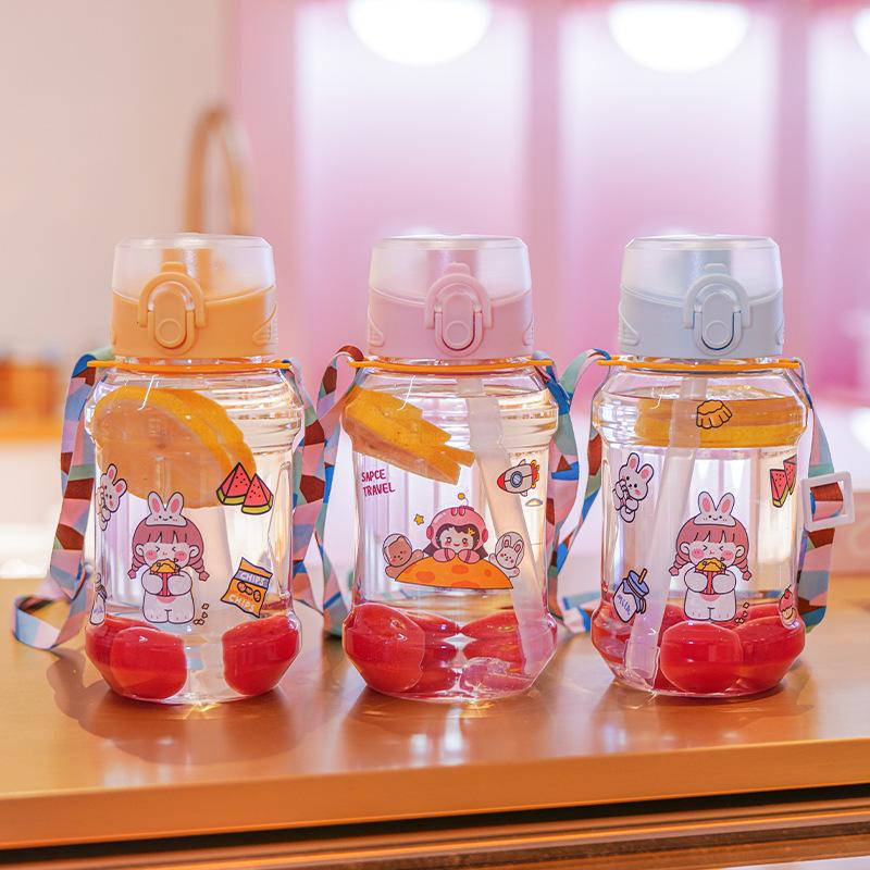 Water bottle New plastic straw cup Children's cartoon one-click elastic cover cup Baby learning drinking cup Outdoor portable strap water cup