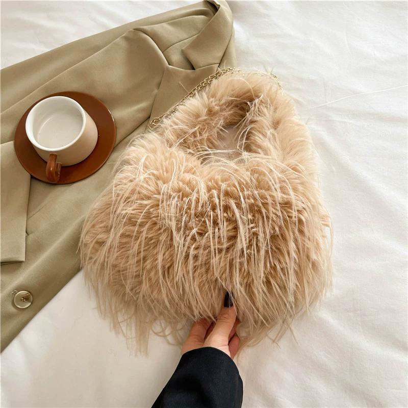 Women Plush Small Purse Soft Luxury Tote Handbag Faux Fur Fluffy Wrist Bags Girls Winter Daily Crossbody Shoulder Bag