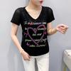 Summer New Short Sleeve Sexy Lace Letter Heart T-shirt Shirt Women Casual V-Neck Hot Diamonds Tees Ladies Elegant Pullover Tops