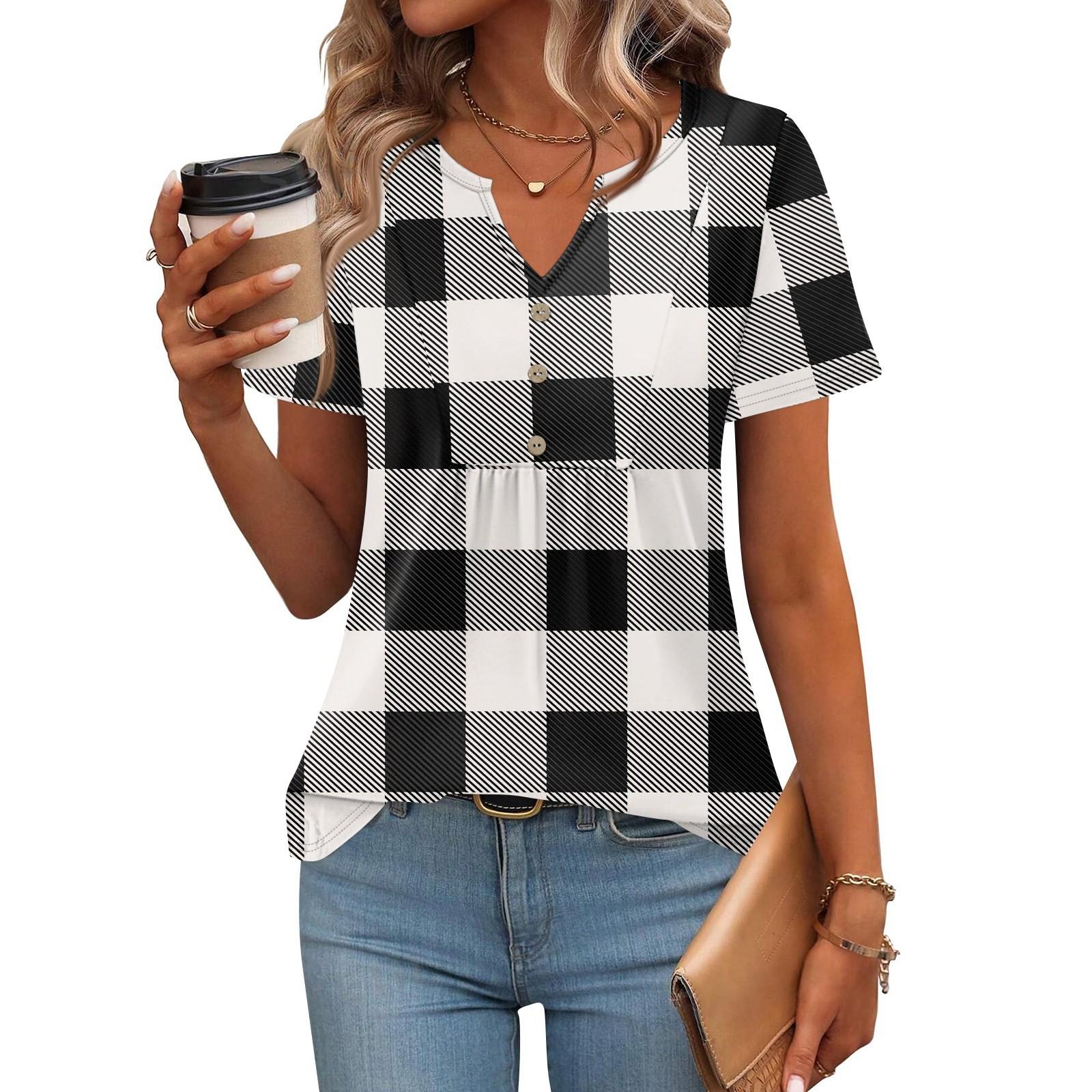 

Женские топы с коротким рукавом, летние футболки с V-образным вырезом, повседневная плиссированная блузка, свободный принт, базовая футболка XL чёрный