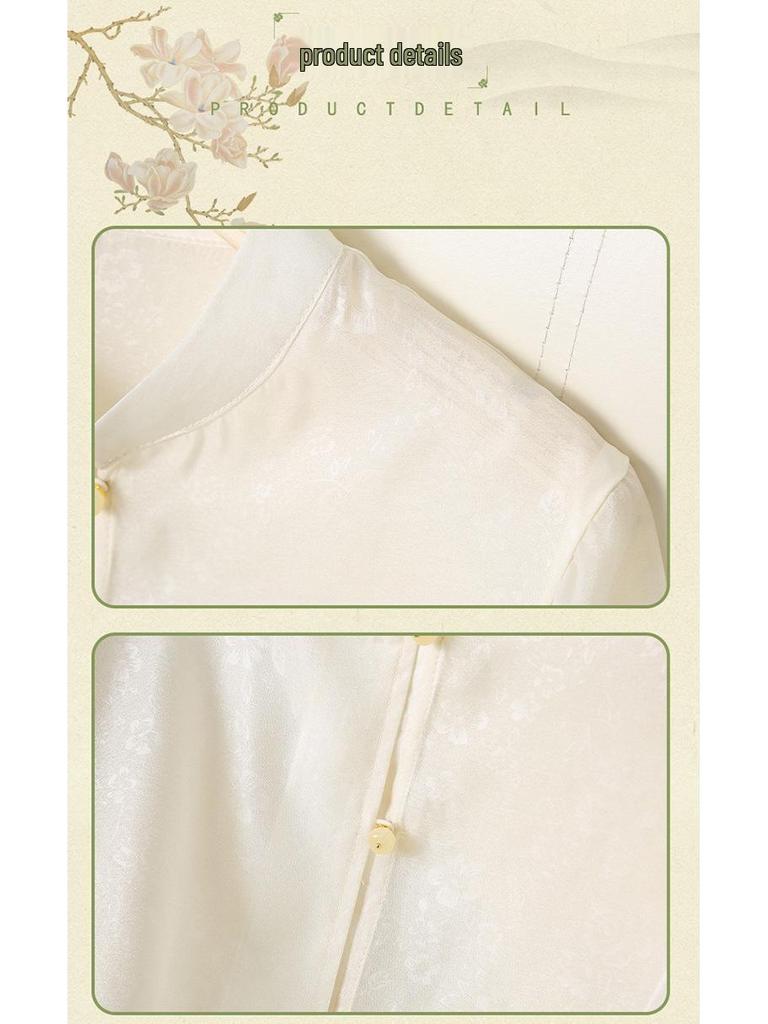 2025 High-End Faux Silk Jacquard Embroidered Top with Chinese Frog Buttons and Stand Collar for Women