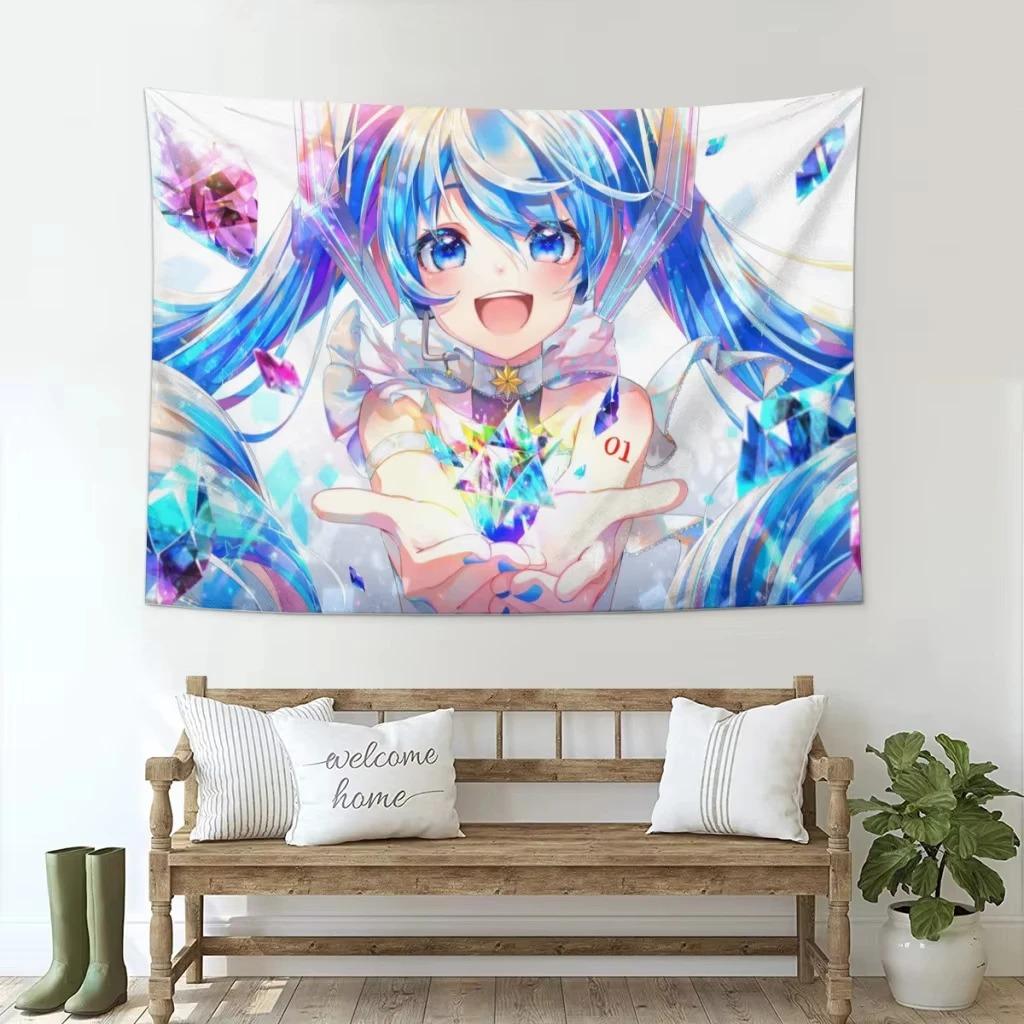 Neko Cat Girl Anime Tapestry Blue Hair Miku Print Polyester Wall Hanging Kawaii Otaku Decor for Bedroom  Living Room