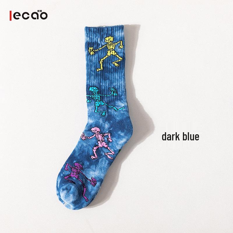 

Trendy Tie-Dye Skull Knee-High Skate Socks - Terry Streetwear Cotton Plus Size Basketball Socks темно-синий
