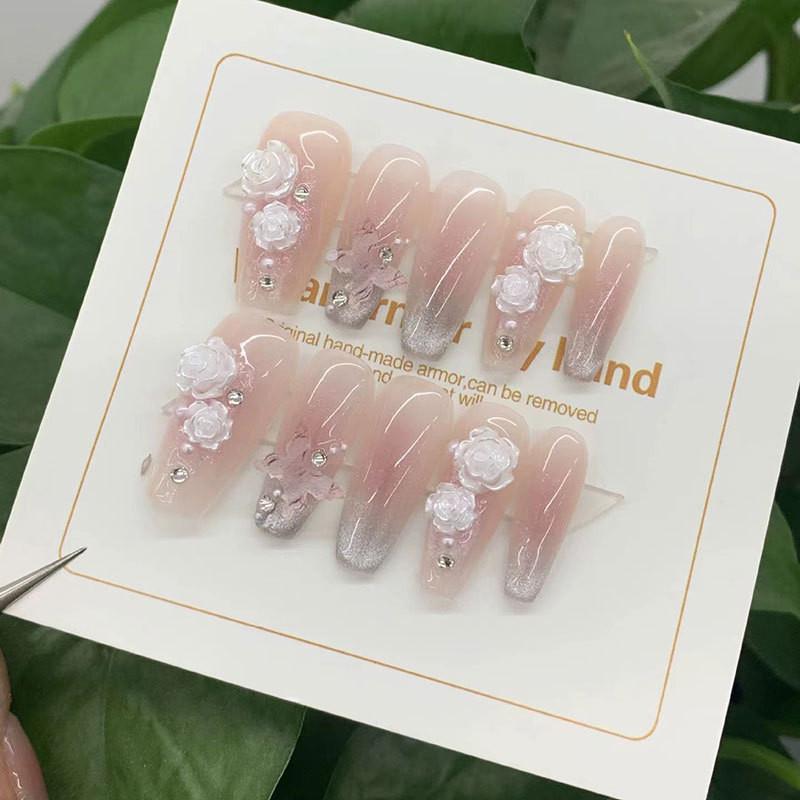 Pink Nail Handworn Camellia Blush Cat Eye Gradient Butterfly Detachable Style